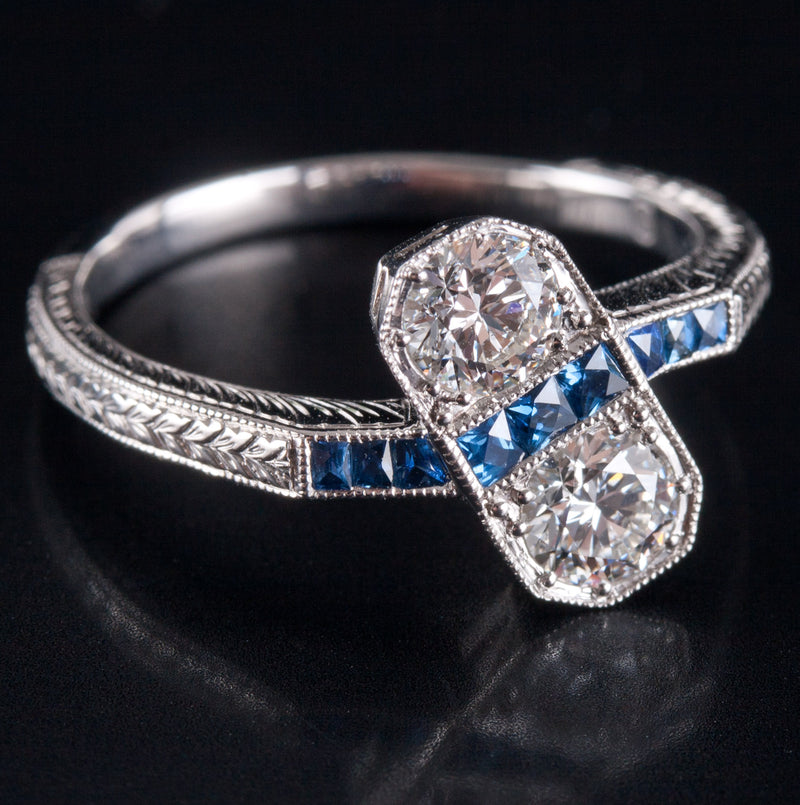 Platinum Two-Stone Diamond Engagement Ring W/ Sapphire Accents .87ctw 4.92g