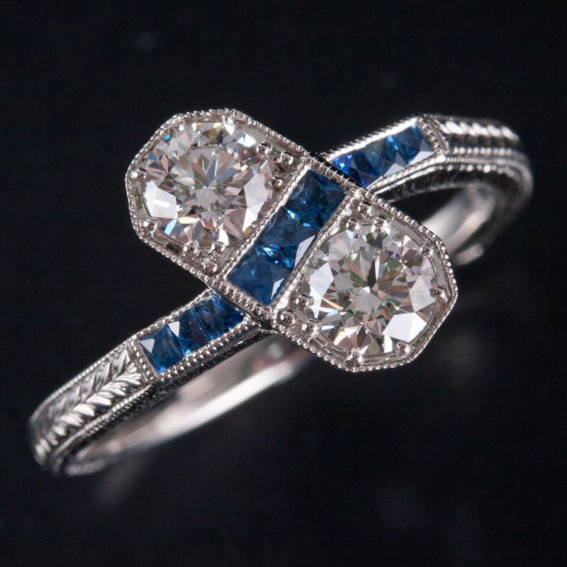 Platinum Two-Stone Diamond Engagement Ring W/ Sapphire Accents .87ctw 4.92g