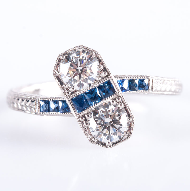 Platinum Two-Stone Diamond Engagement Ring W/ Sapphire Accents .87ctw 4.92g