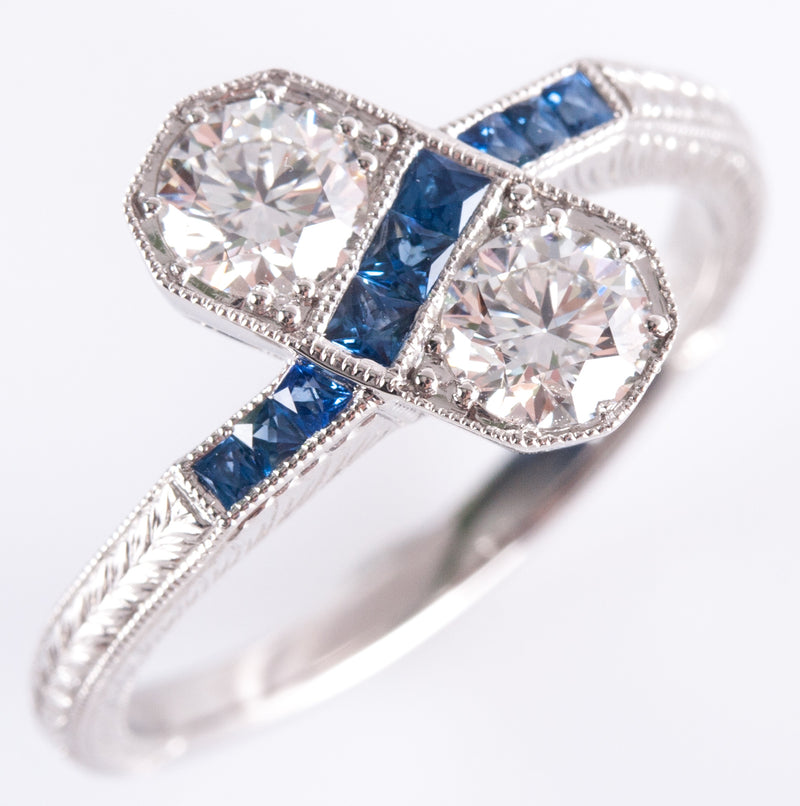 Platinum Two-Stone Diamond Engagement Ring W/ Sapphire Accents .87ctw 4.92g