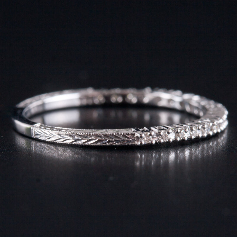 14k White Gold Round H SI1 Diamond Etched Style Wedding Ring .0665ctw 1.12g