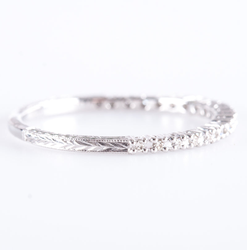 14k White Gold Round H SI1 Diamond Etched Style Wedding Ring .0665ctw 1.12g