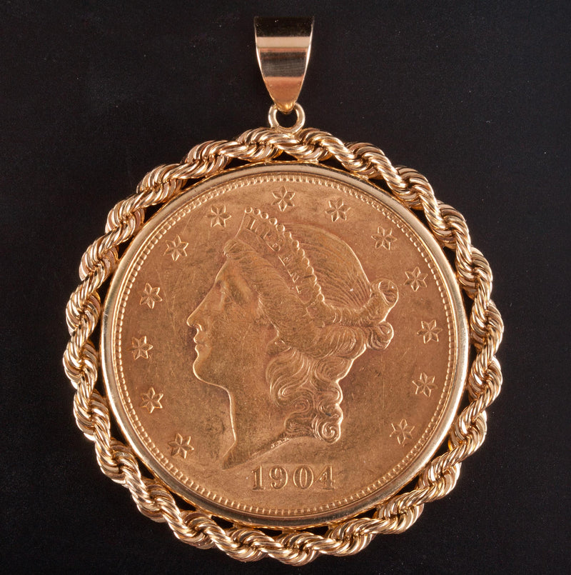 1904 Liberty Head $20 Gold Coin Pendant W/ 14k Yellow Gold Bail 40.95g