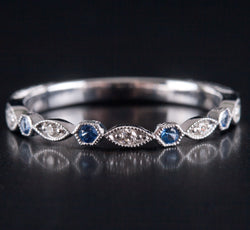 14k White Gold Round Sapphire & Diamond Engraved Style Wedding Band .10ctw 1.72g