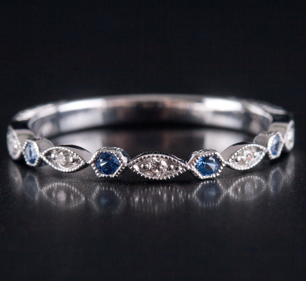 14k White Gold Round Sapphire & Diamond Engraved Style Wedding Band .10ctw 1.72g