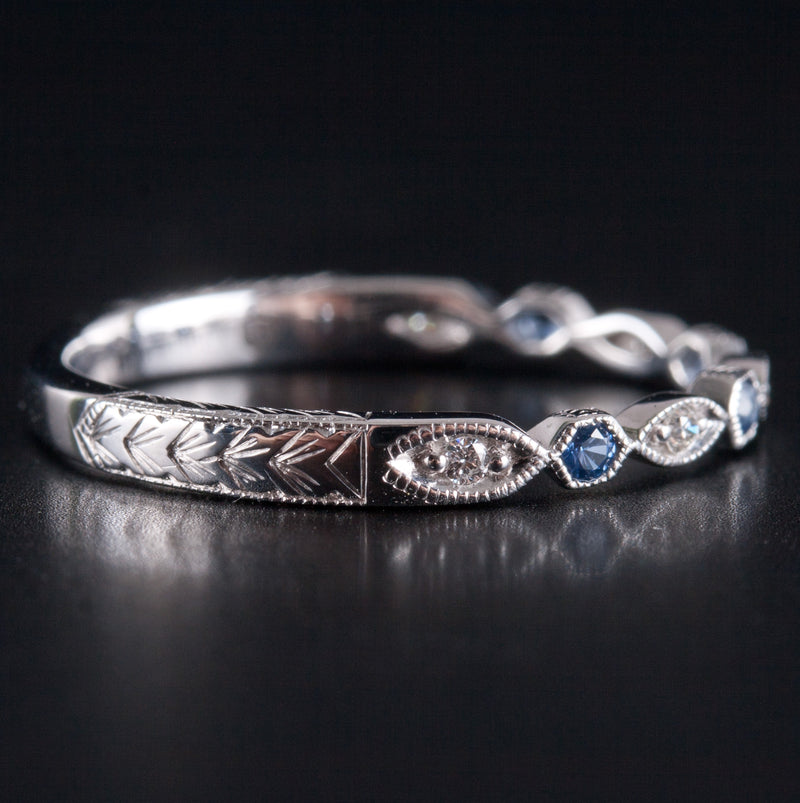 14k White Gold Round Sapphire & Diamond Engraved Style Wedding Band .10ctw 1.72g