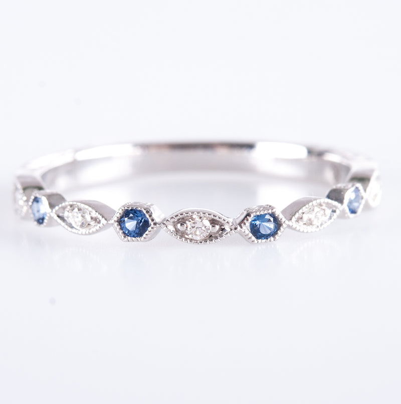 14k White Gold Round Sapphire & Diamond Engraved Style Wedding Band .10ctw 1.72g
