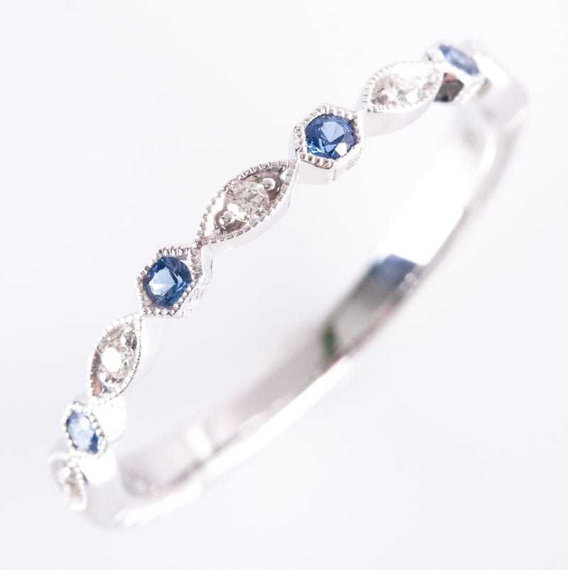 14k White Gold Round Sapphire & Diamond Engraved Style Wedding Band .10ctw 1.72g