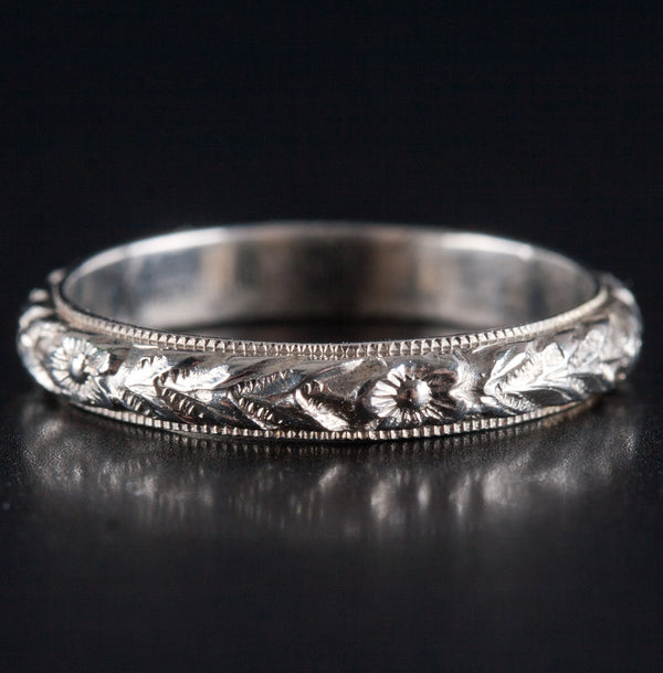 Vintage 1930's 18k White Gold Floral Wedding Anniversary Ring 2.3g 2.85mm Width