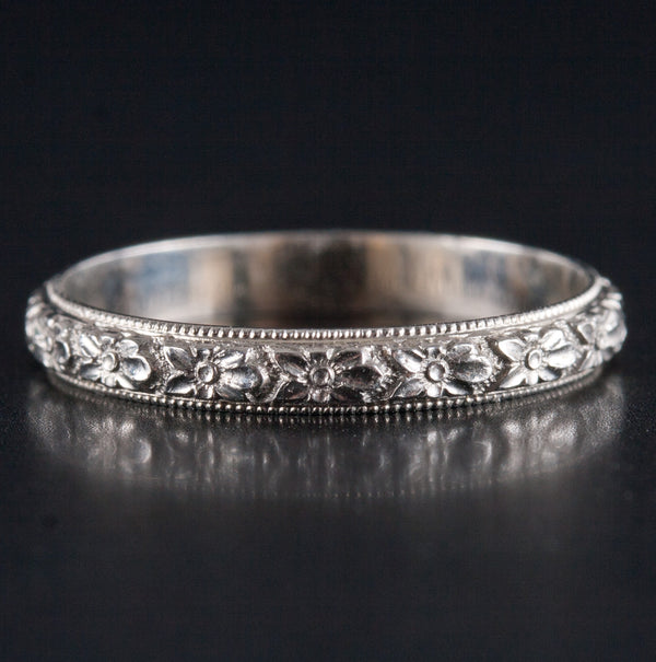 Vintage 1930's 18k White Gold Floral Wedding Anniversary Ring 1.61g 2.6mm Width
