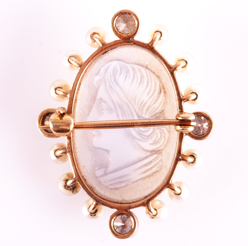 Vintage 1920's 14k Rose Gold Moonstone Diamond Pearl Brooch Pin .56ctw 4.5g