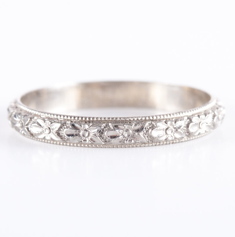Vintage 1930's 18k White Gold Floral Wedding Anniversary Ring 1.61g 2.6mm Width