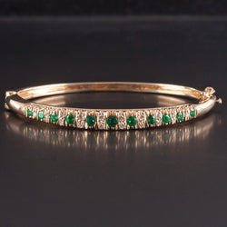 14k Yellow Gold Round Emerald Diamond Hinged Bangle Bracelet .96ctw 15.5g