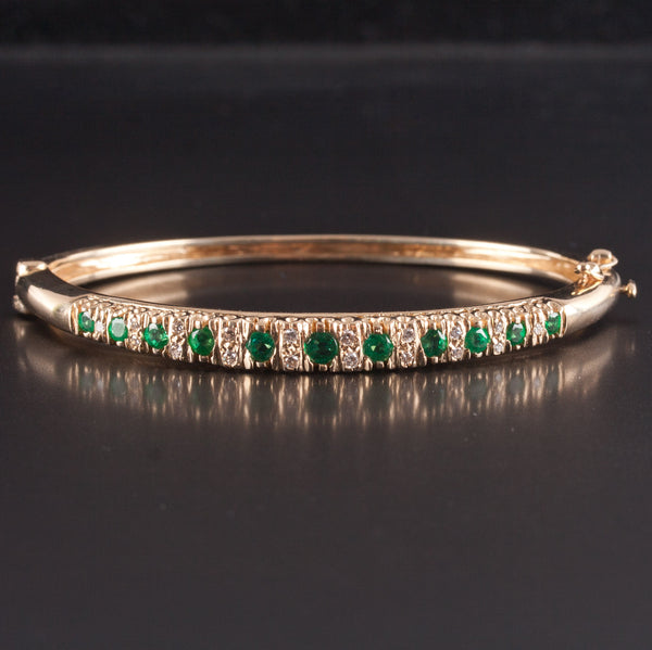 14k Yellow Gold Round Emerald Diamond Hinged Bangle Bracelet .96ctw 15.5g