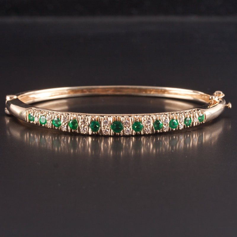 14k Yellow Gold Round Emerald Diamond Hinged Bangle Bracelet .96ctw 15.5g