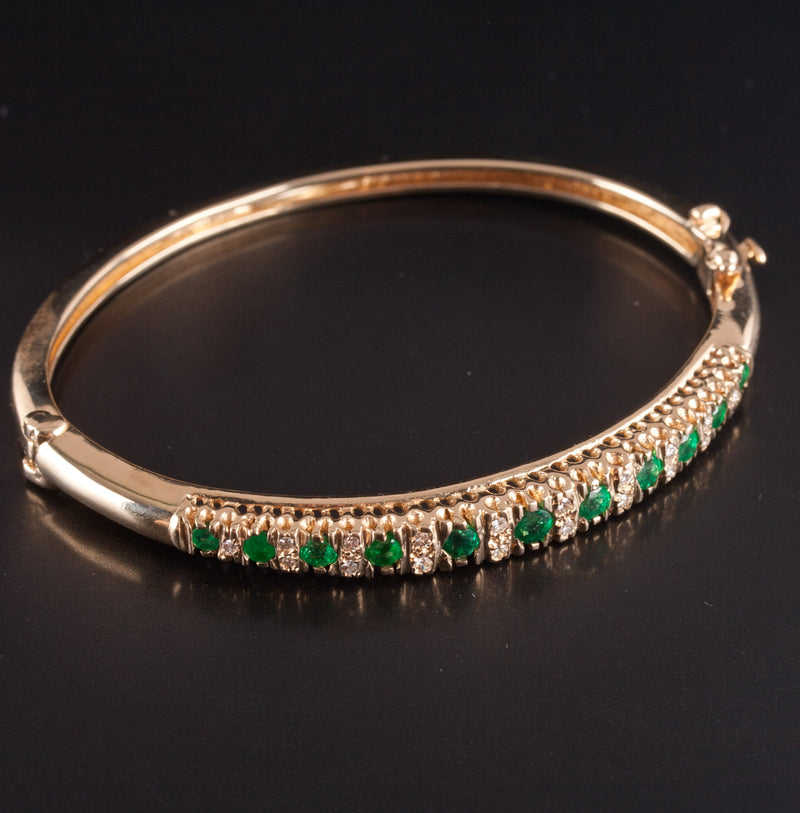 14k Yellow Gold Round Emerald Diamond Hinged Bangle Bracelet .96ctw 15.5g
