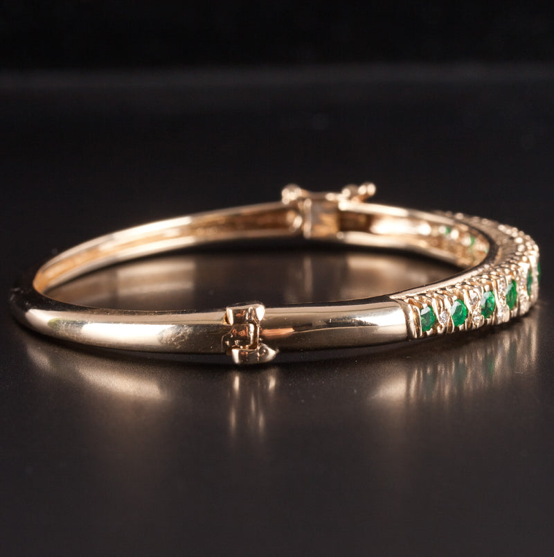 14k Yellow Gold Round Emerald Diamond Hinged Bangle Bracelet .96ctw 15.5g