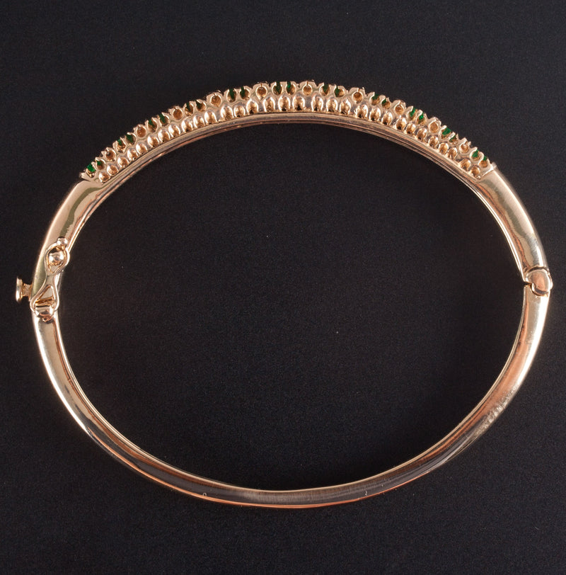 14k Yellow Gold Round Emerald Diamond Hinged Bangle Bracelet .96ctw 15.5g