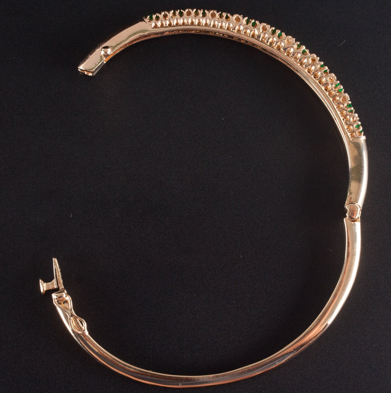 14k Yellow Gold Round Emerald Diamond Hinged Bangle Bracelet .96ctw 15.5g