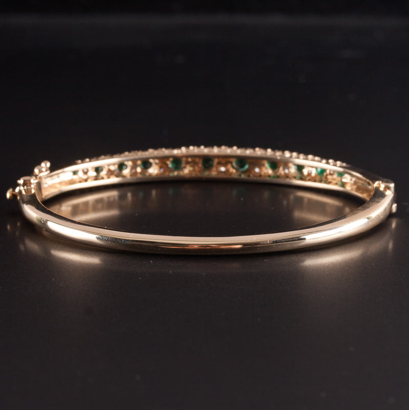 14k Yellow Gold Round Emerald Diamond Hinged Bangle Bracelet .96ctw 15.5g