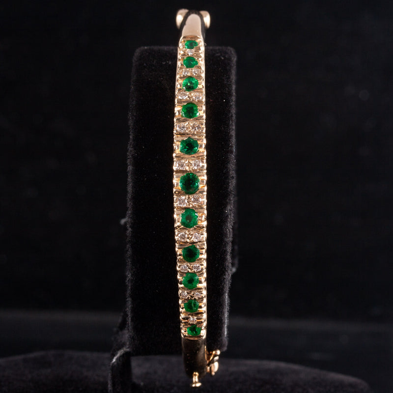 14k Yellow Gold Round Emerald Diamond Hinged Bangle Bracelet .96ctw 15.5g