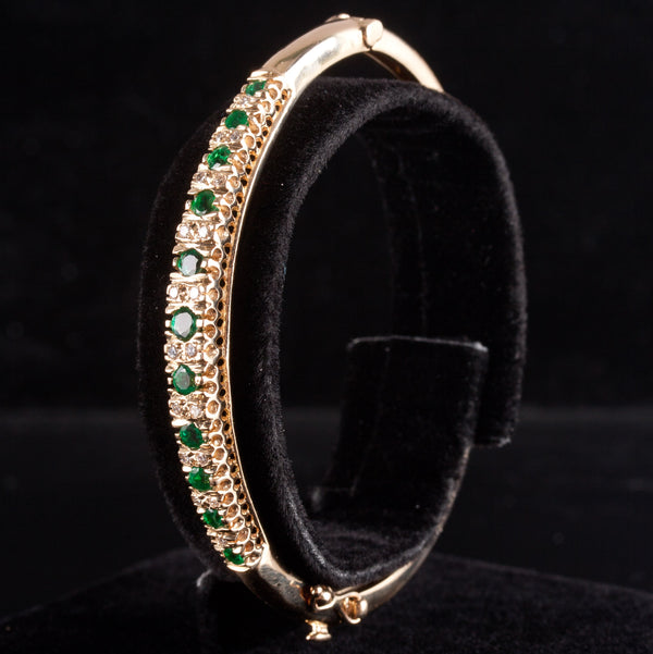 14k Yellow Gold Round Emerald Diamond Hinged Bangle Bracelet .96ctw 15.5g