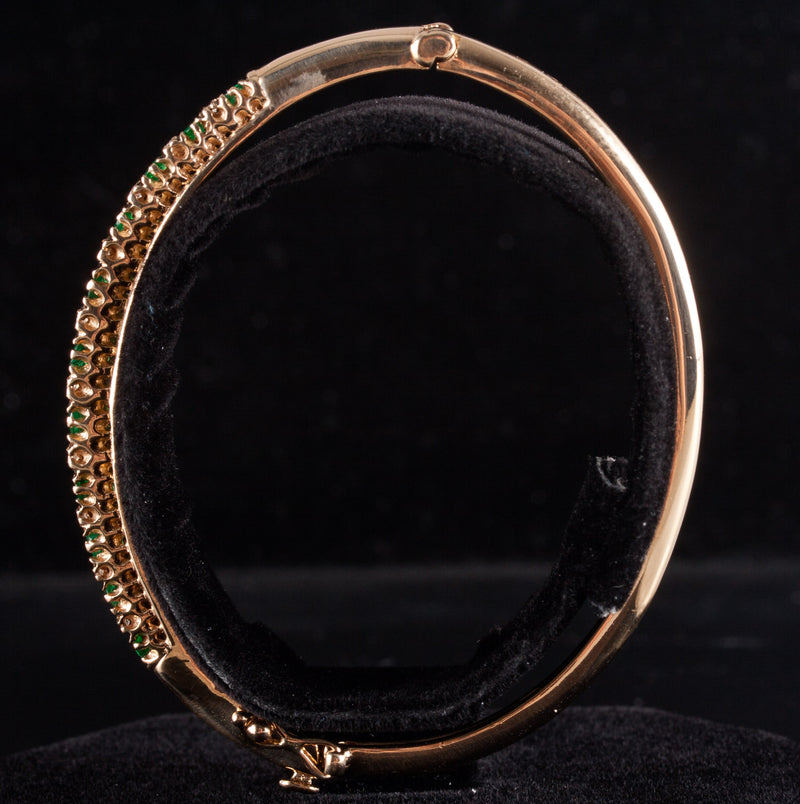 14k Yellow Gold Round Emerald Diamond Hinged Bangle Bracelet .96ctw 15.5g