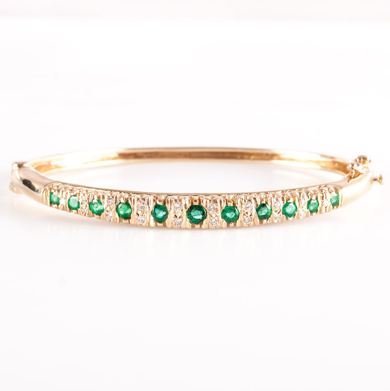 14k Yellow Gold Round Emerald Diamond Hinged Bangle Bracelet .96ctw 15.5g