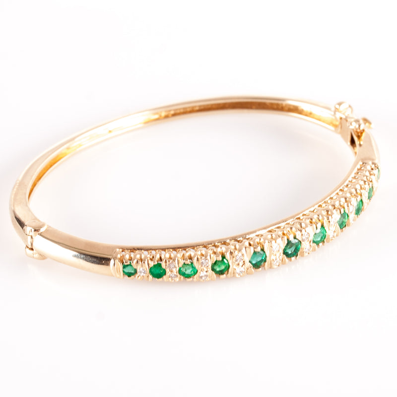 14k Yellow Gold Round Emerald Diamond Hinged Bangle Bracelet .96ctw 15.5g
