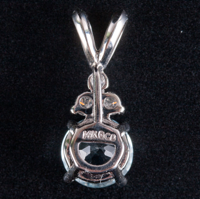14k White Gold Round Aquamarine Solitaire Pendant W/ Diamond Accents .83ctw .82g