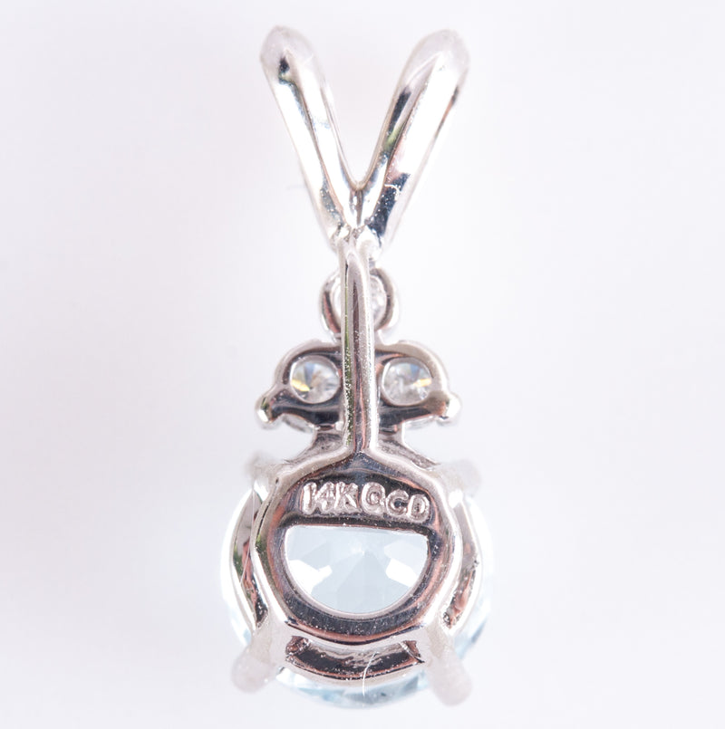 14k White Gold Round Aquamarine Solitaire Pendant W/ Diamond Accents .83ctw .82g