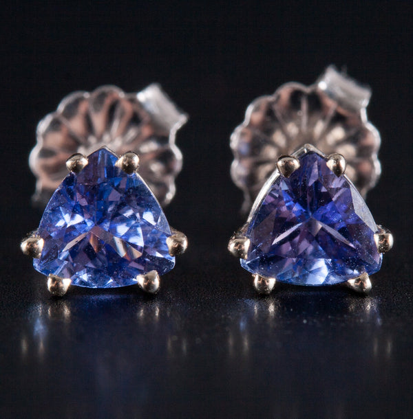 14k White Gold Trillion AA Tanzanite Solitaire Stud Earrings .90ctw .95g