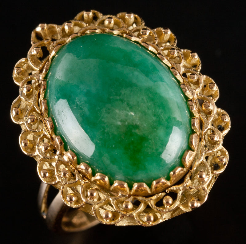 18k Yellow Gold Oval Cabochon Jade Solitaire Cocktail Ring 6.38g