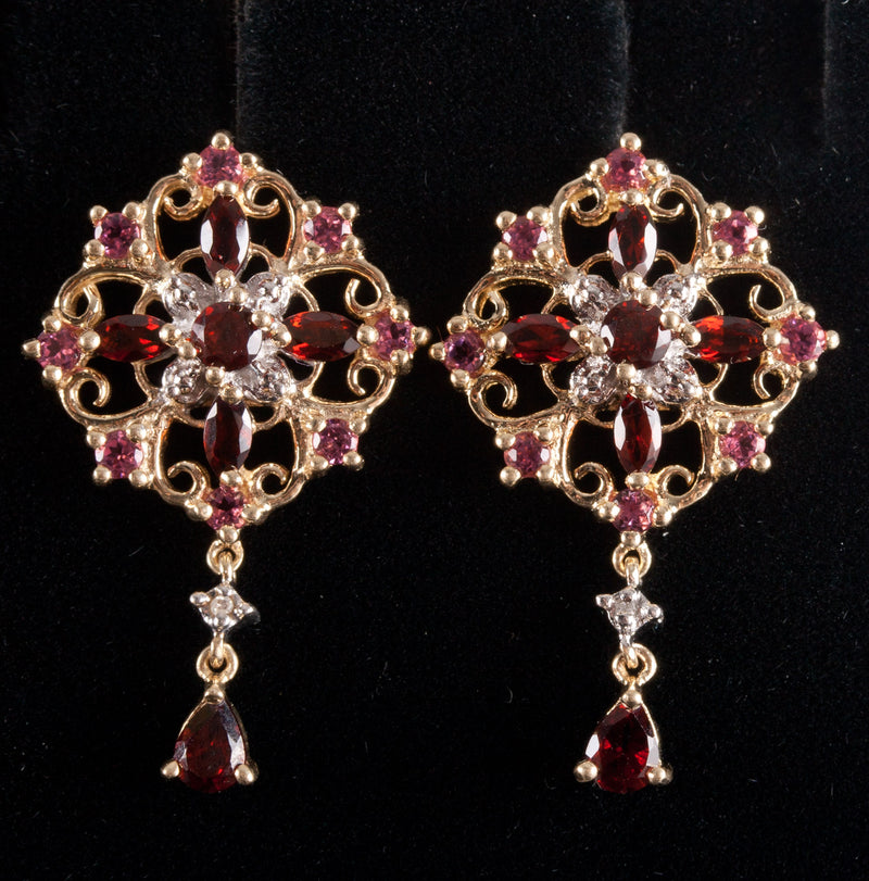 10k Yellow Gold Garnet Tourmaline Diamond Stud Dangle Earrings 1.61ctw 4.60g