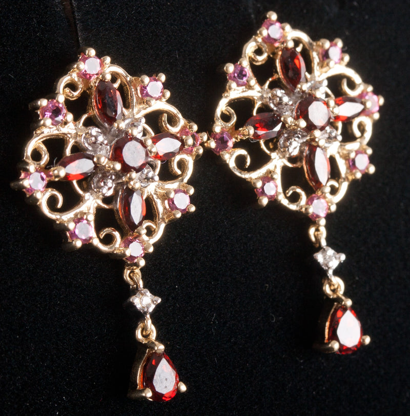 10k Yellow Gold Garnet Tourmaline Diamond Stud Dangle Earrings 1.61ctw 4.60g
