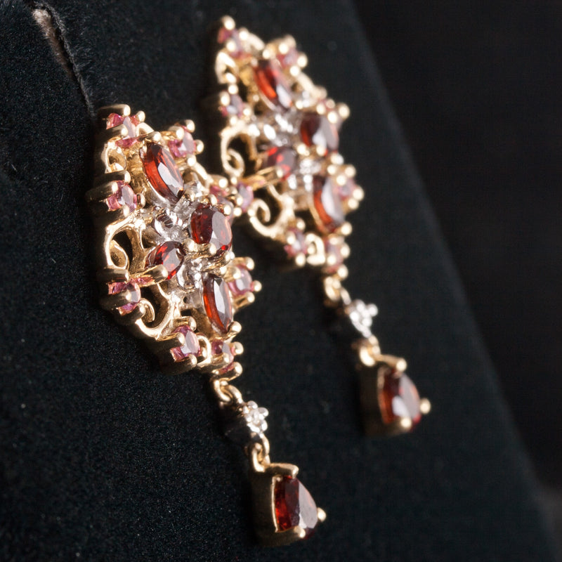 10k Yellow Gold Garnet Tourmaline Diamond Stud Dangle Earrings 1.61ctw 4.60g