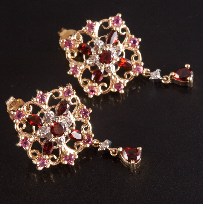 10k Yellow Gold Garnet Tourmaline Diamond Stud Dangle Earrings 1.61ctw 4.60g