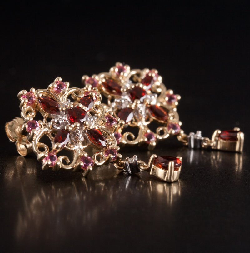10k Yellow Gold Garnet Tourmaline Diamond Stud Dangle Earrings 1.61ctw 4.60g