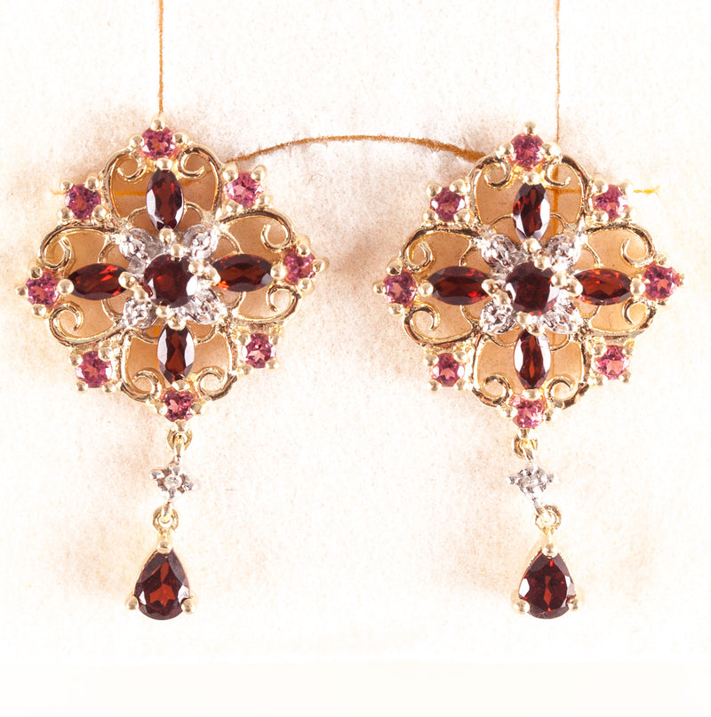 10k Yellow Gold Garnet Tourmaline Diamond Stud Dangle Earrings 1.61ctw 4.60g