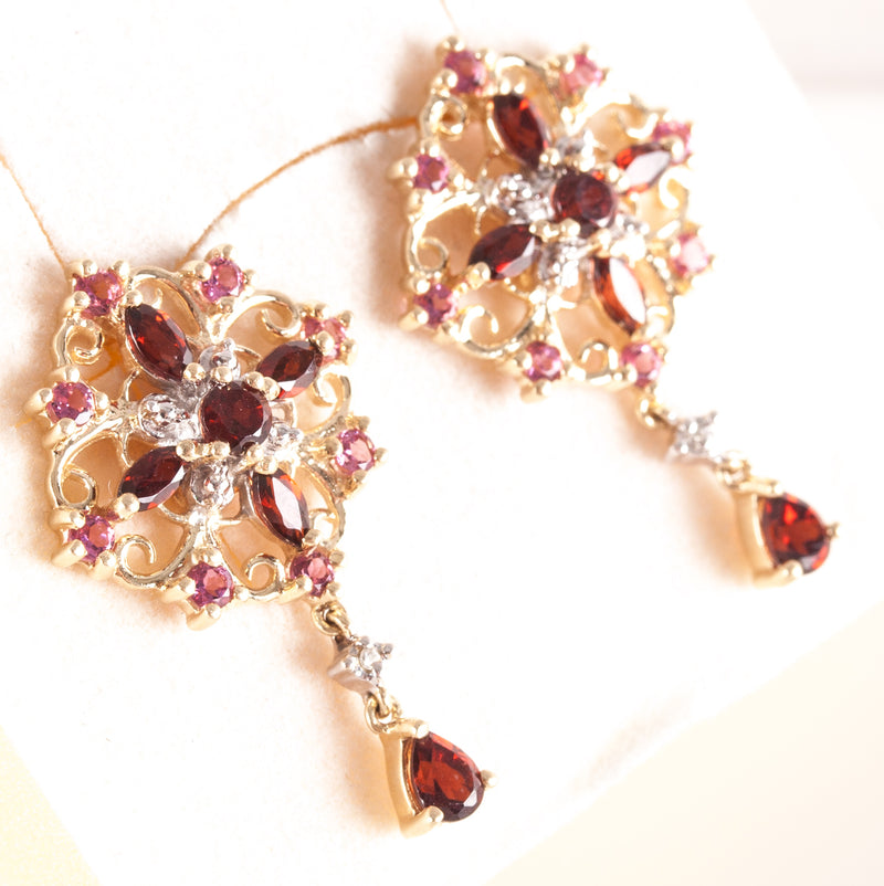 10k Yellow Gold Garnet Tourmaline Diamond Stud Dangle Earrings 1.61ctw 4.60g