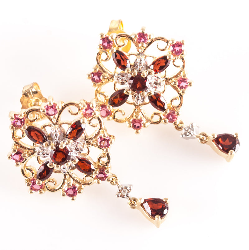 10k Yellow Gold Garnet Tourmaline Diamond Stud Dangle Earrings 1.61ctw 4.60g