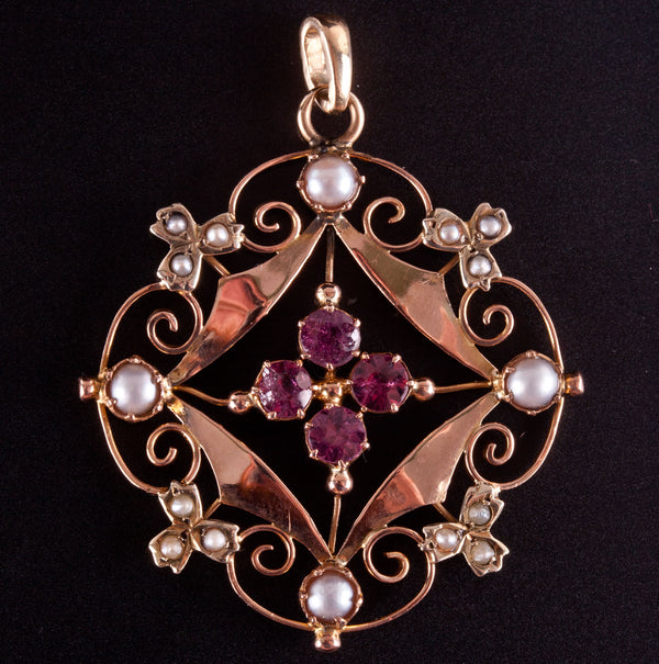 Vintage 1910's 10k Rose Yellow Gold Tourmaline Pearl Pendant .84ctw 3.0g