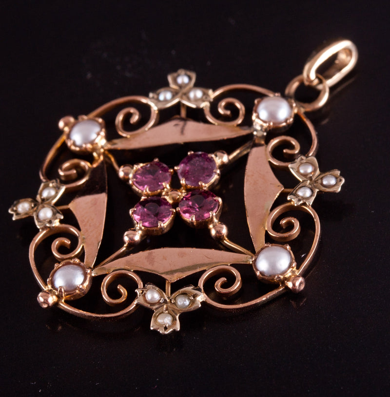 Vintage 1910's 10k Rose Yellow Gold Tourmaline Pearl Pendant .84ctw 3.0g