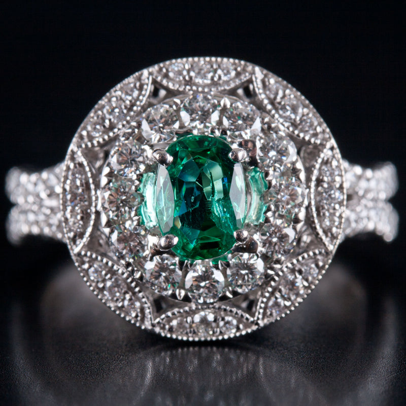 14k White Gold Oval Emerald Round Diamond Halo Style Ring 1.18ctw 5.3g