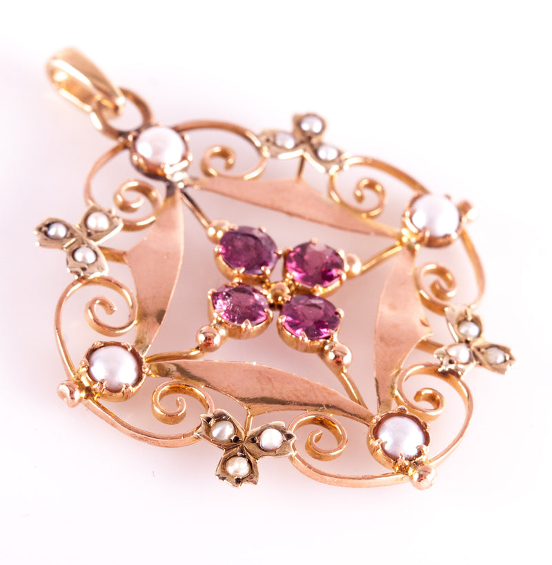 Vintage 1910's 10k Rose Yellow Gold Tourmaline Pearl Pendant .84ctw 3.0g
