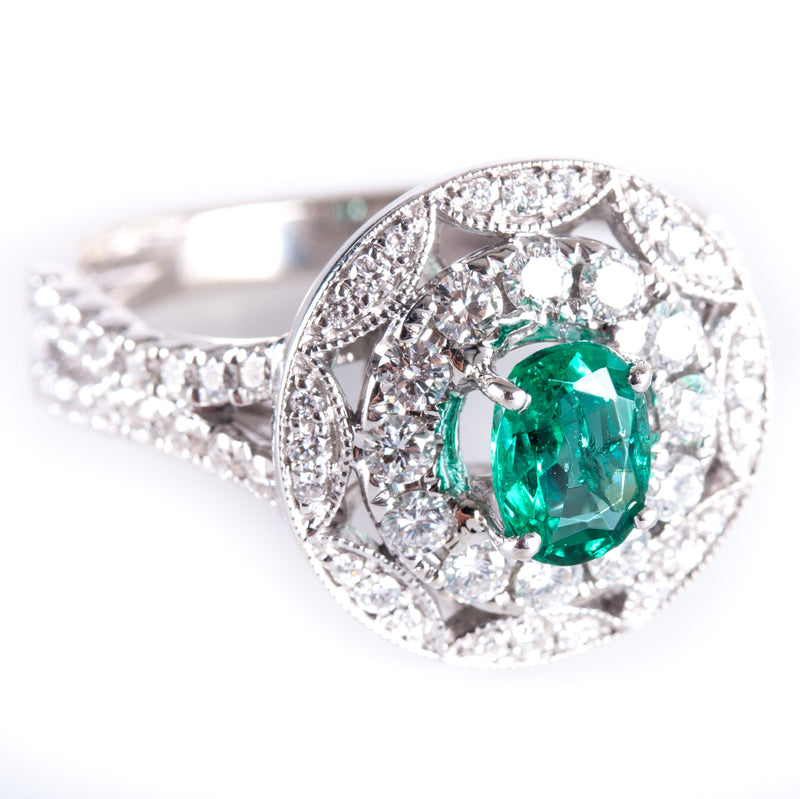 14k White Gold Oval Emerald Round Diamond Halo Style Ring 1.18ctw 5.3g