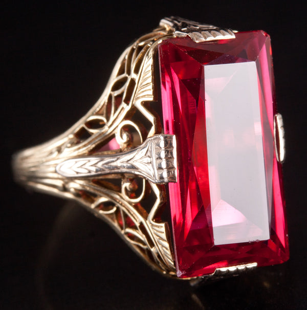 Vintage 1920s 14k Yellow White Gold Lab-Created Ruby Solitaire Ring 7.47ct 4.51g