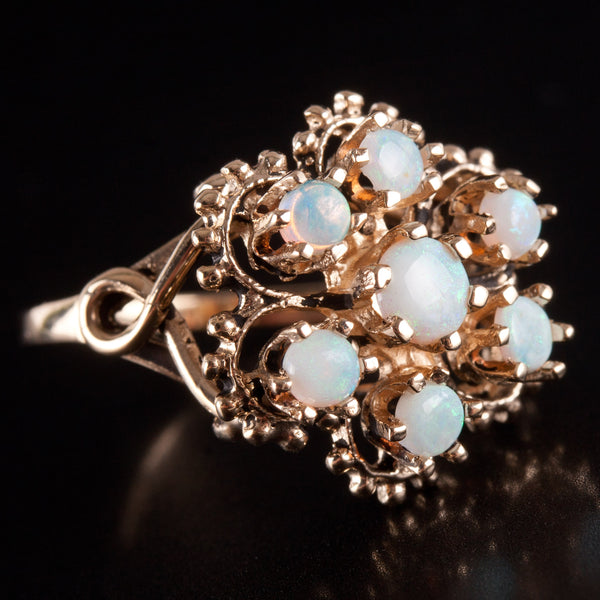 Vintage 1960's 14k Yellow Gold Round Cabochon Opal Floral Ring .54ctw 3.75g