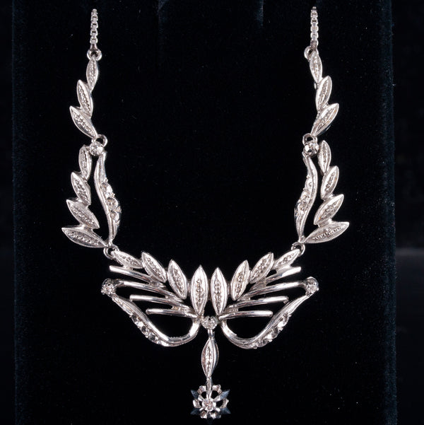 Vintage 1940's 18k White Gold H SI1 Diamond Floral Necklace .07ctw 10.7g