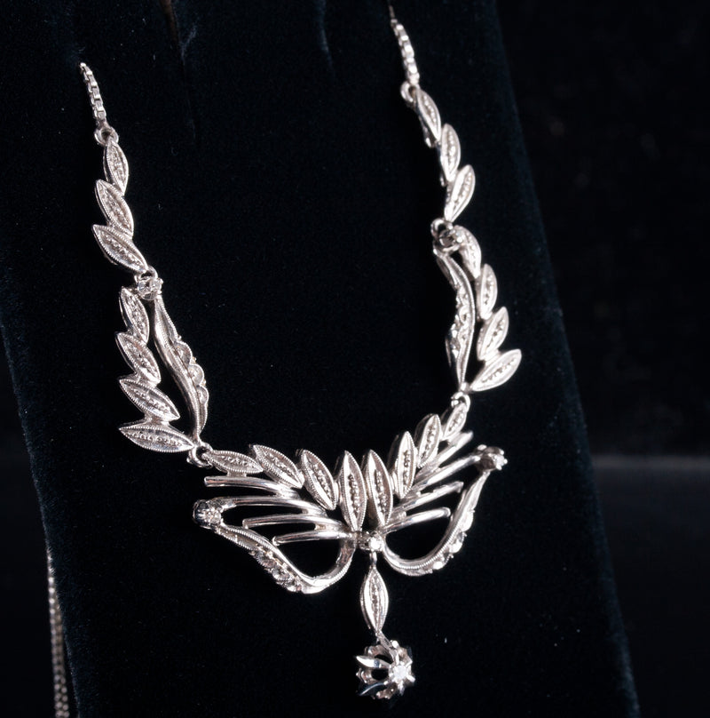Vintage 1940's 18k White Gold H SI1 Diamond Floral Necklace .07ctw 10.7g